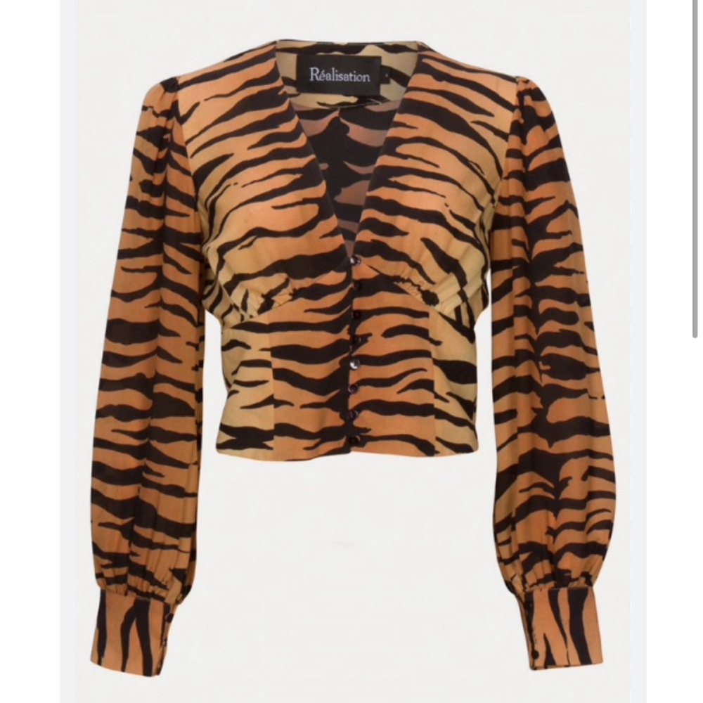 Realisation Par Kaia Tiger Print Long sleeve Silk Top